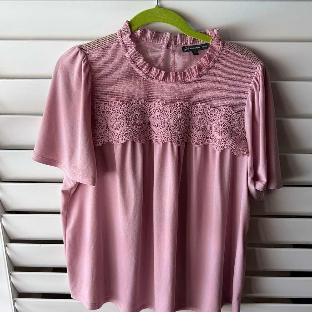 Adrianna Papell Blush Pink Lace Yoke Short Sleeve Top xl